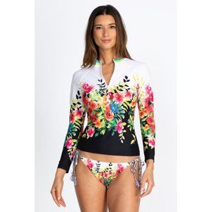 Johnny Was Floral Surf Long Sleeve Shirt Water Ocean Top Black Sea Rash Guard NW